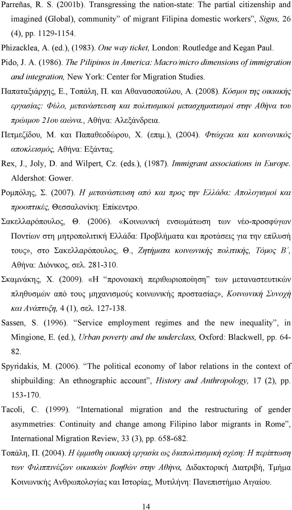 The Pilipinos in America: Macro/micro dimensions of immigration and integration, New York: Center for Migration Studies. Παπαταξιάρχης, Ε., Τοπάλη, Π. και Αθανασοπούλου, Α. (2008).