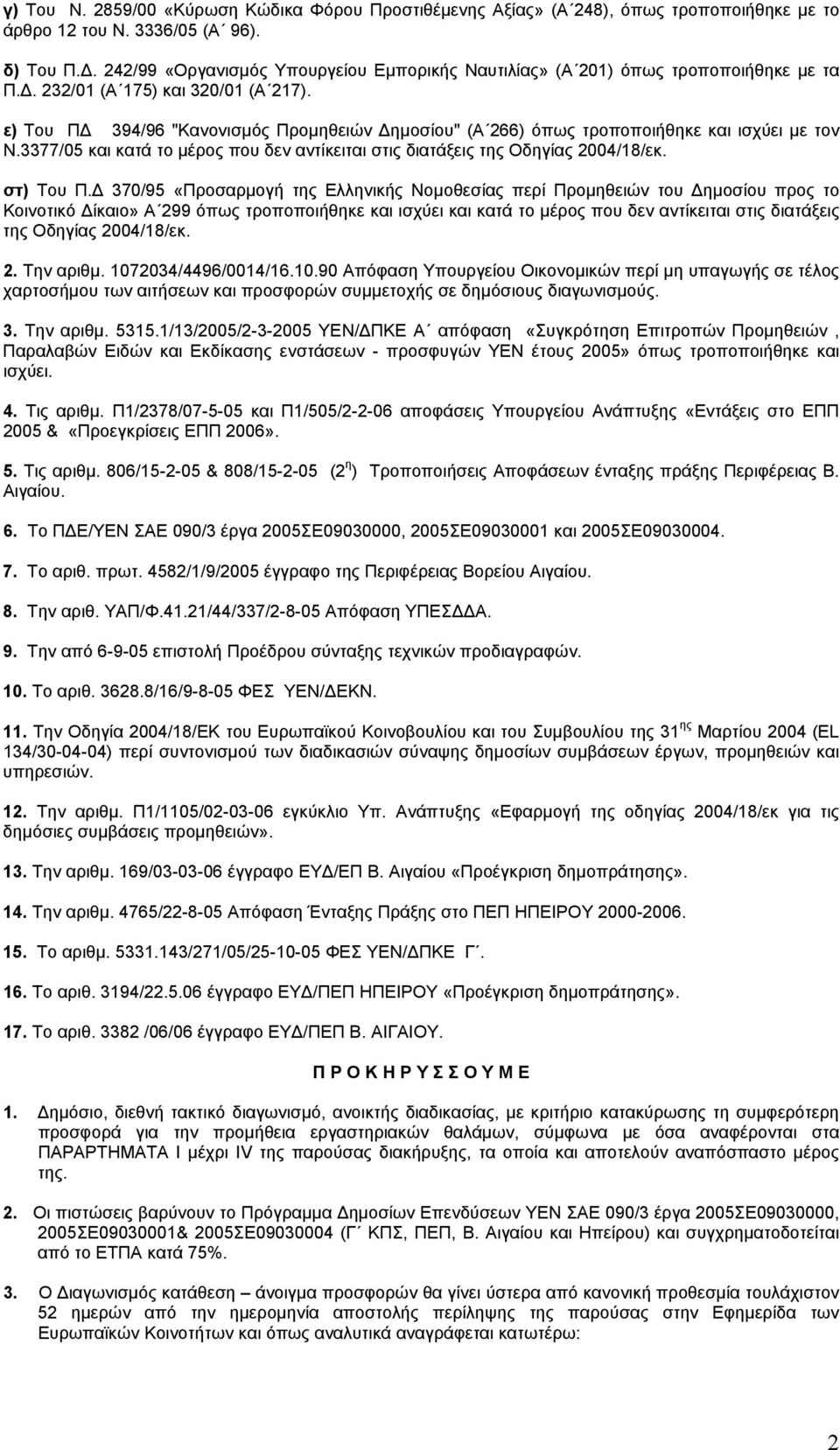 ε) Του ΠΔ 394/96 "Κανονισμός Προμηθειών Δημοσίου" (Α 266) όπως τροποποιήθηκε και ισχύει με τον Ν.3377/05 και κατά το μέρος που δεν αντίκειται στις διατάξεις της Οδηγίας 2004/18/εκ. στ) Του Π.