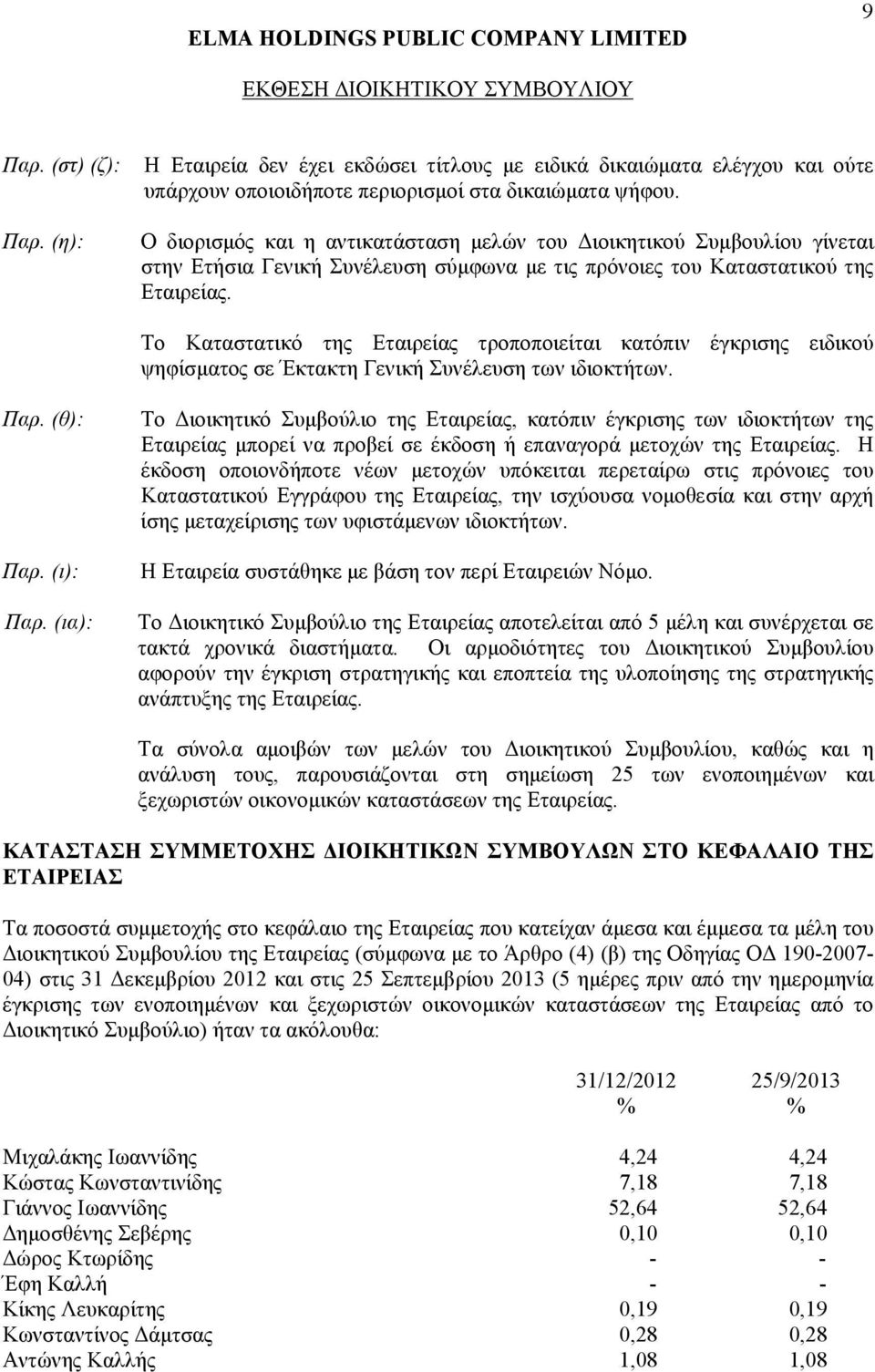 Το Καταστατικό της Εταιρείας τροποποιείται κατόπιν έγκρισης ειδικού ψηφίσματος σε Έκτακτη Γενική Συνέλευση των ιδιοκτήτων. Παρ. (θ): Παρ. (ι): Παρ.