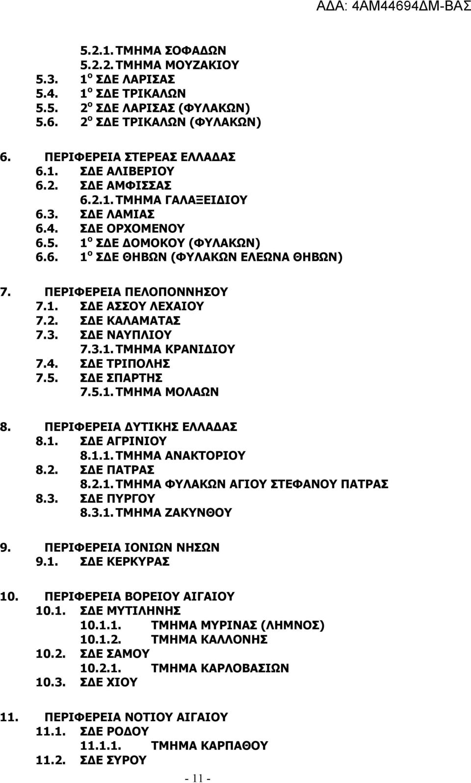 2. ΣΔΕ ΚΑΛΑΜΑΤΑΣ 7.3. ΣΔΕ ΝΑΥΠΛΙΟΥ 7.3.1. ΤΜΗΜΑ ΚΡΑΝΙΔΙΟΥ 7.4. ΣΔΕ ΤΡΙΠΟΛΗΣ 7.5. ΣΔΕ ΣΠΑΡΤΗΣ 7.5.1. ΤΜΗΜΑ ΜΟΛΑΩΝ 8. ΠΕΡΙΦΕΡΕΙΑ ΔΥΤΙΚΗΣ ΕΛΛΑΔΑΣ 8.1. ΣΔΕ ΑΓΡΙΝΙΟΥ 8.1.1. ΤΜΗΜΑ ΑΝΑΚΤΟΡΙΟΥ 8.2. ΣΔΕ ΠΑΤΡΑΣ 8.