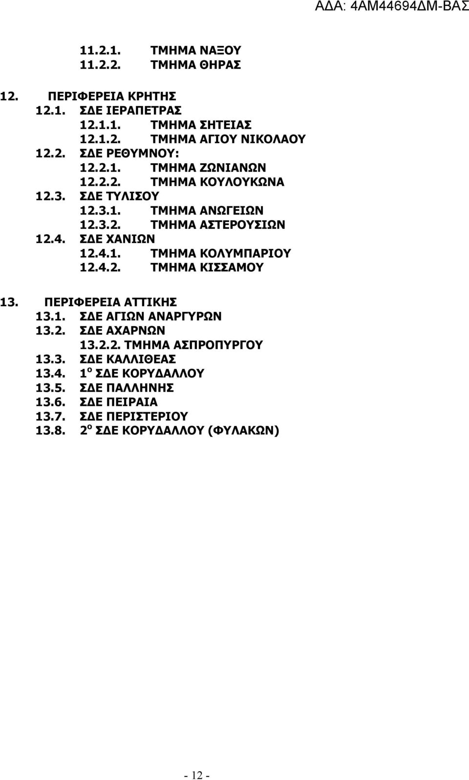 4.2. ΤΜΗΜΑ ΚΙΣΣΑΜΟΥ 13. ΠΕΡΙΦΕΡΕΙΑ ΑΤΤΙΚΗΣ 13.1. ΣΔΕ ΑΓΙΩΝ ΑΝΑΡΓΥΡΩΝ 13.2. ΣΔΕ ΑΧΑΡΝΩΝ 13.2.2. ΤΜΗΜΑ ΑΣΠΡΟΠΥΡΓΟΥ 13.3. ΣΔΕ ΚΑΛΛΙΘΕΑΣ 13.4. 1 ο ΣΔΕ ΚΟΡΥΔΑΛΛΟΥ 13.