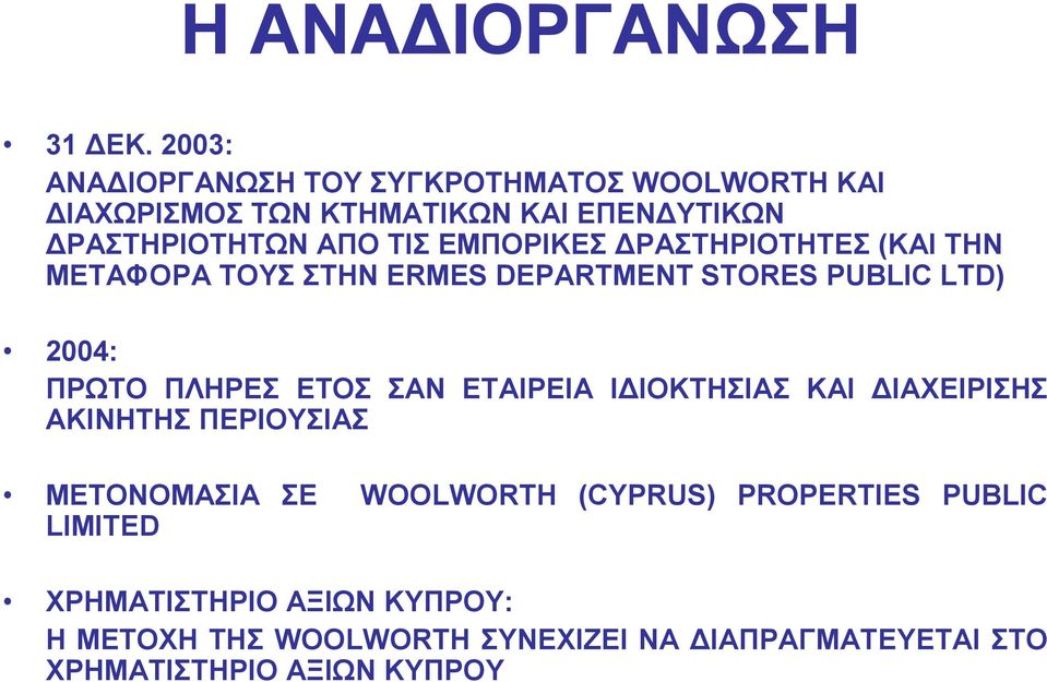 ΕΜΠΟΡΙΚΕΣ ΡΑΣΤΗΡΙΟΤΗΤΕΣ (ΚΑΙ ΤΗΝ ΜΕΤΑΦΟΡΑ ΤΟΥΣ ΣΤΗΝ ERMES DEPARTMENT STORES PUBLIC LTD) 2004: ΠΡΩΤΟ ΠΛΗΡΕΣ ΕΤΟΣ ΣΑΝ