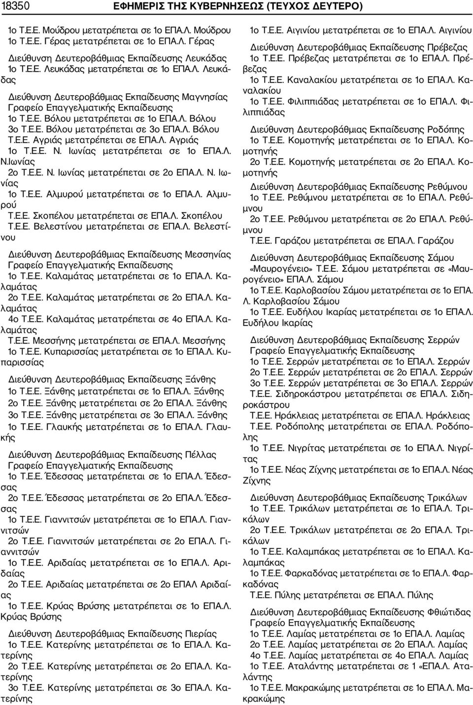 Λ. Αγριάς 1ο Τ.Ε.Ε. Ν. Ιωνίας μετατρέπεται σε 1ο ΕΠΑ.Λ. Ν.Ιωνίας 2ο Τ.Ε.Ε. Ν. Ιωνίας μετατρέπεται σε 2ο ΕΠΑ.Λ. Ν. Ιω νίας 1ο Τ.Ε.Ε. Αλμυρού μετατρέπεται σε 1ο ΕΠΑ.Λ. Αλμυ ρού Τ.Ε.Ε. Σκοπέλου μετατρέπεται σε ΕΠΑ.