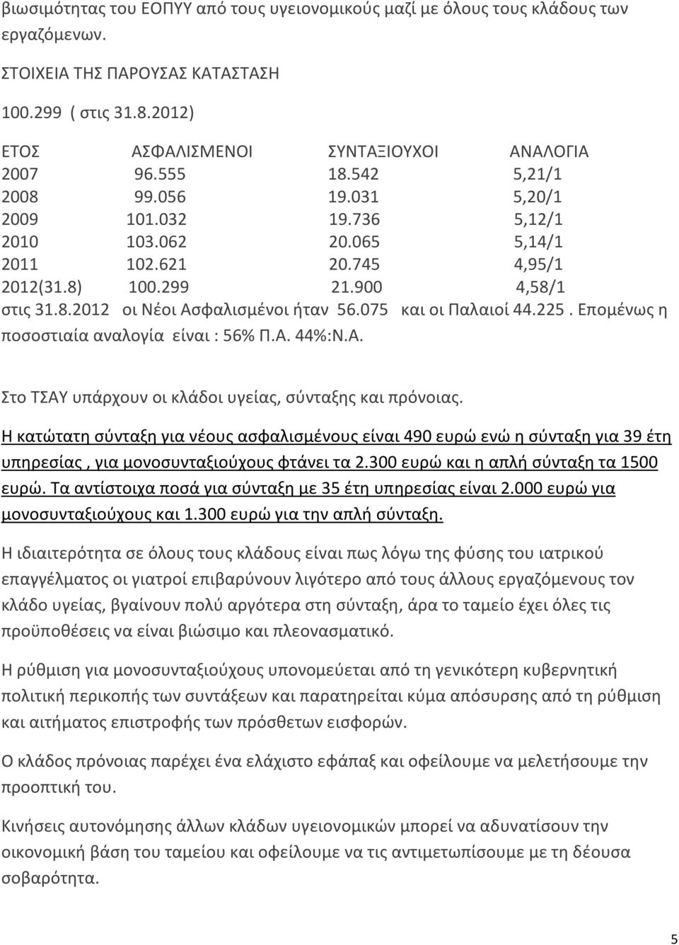 075 και οι Παλαιοί 44.225. Επομένως η ποσοστιαία αναλογία είναι : 56% Π.Α. 44%:Ν.Α. Στο ΤΣΑΥ υπάρχουν οι κλάδοι υγείας, σύνταξης και πρόνοιας.