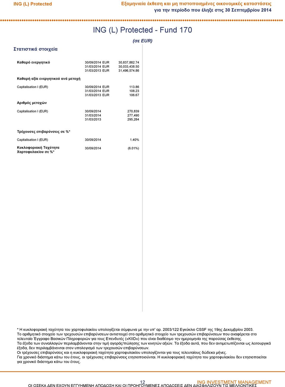 67 Αριθμός μετοχών Capitalisation I (EUR) 30/09/2014 270,839 31/03/2014 277,490 31/03/2013 295,284 Tρέχουσες επιβαρύνσεις σε %* Capitalisation I (EUR) 30/09/2014 1.