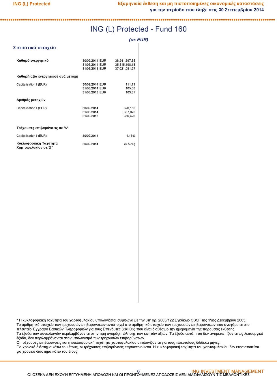 87 Αριθμός μετοχών Capitalisation I (EUR) 30/09/2014 326,180 31/03/2014 337,970 31/03/2013 356,426 Tρέχουσες επιβαρύνσεις σε %* Capitalisation I (EUR) 30/09/2014 1.