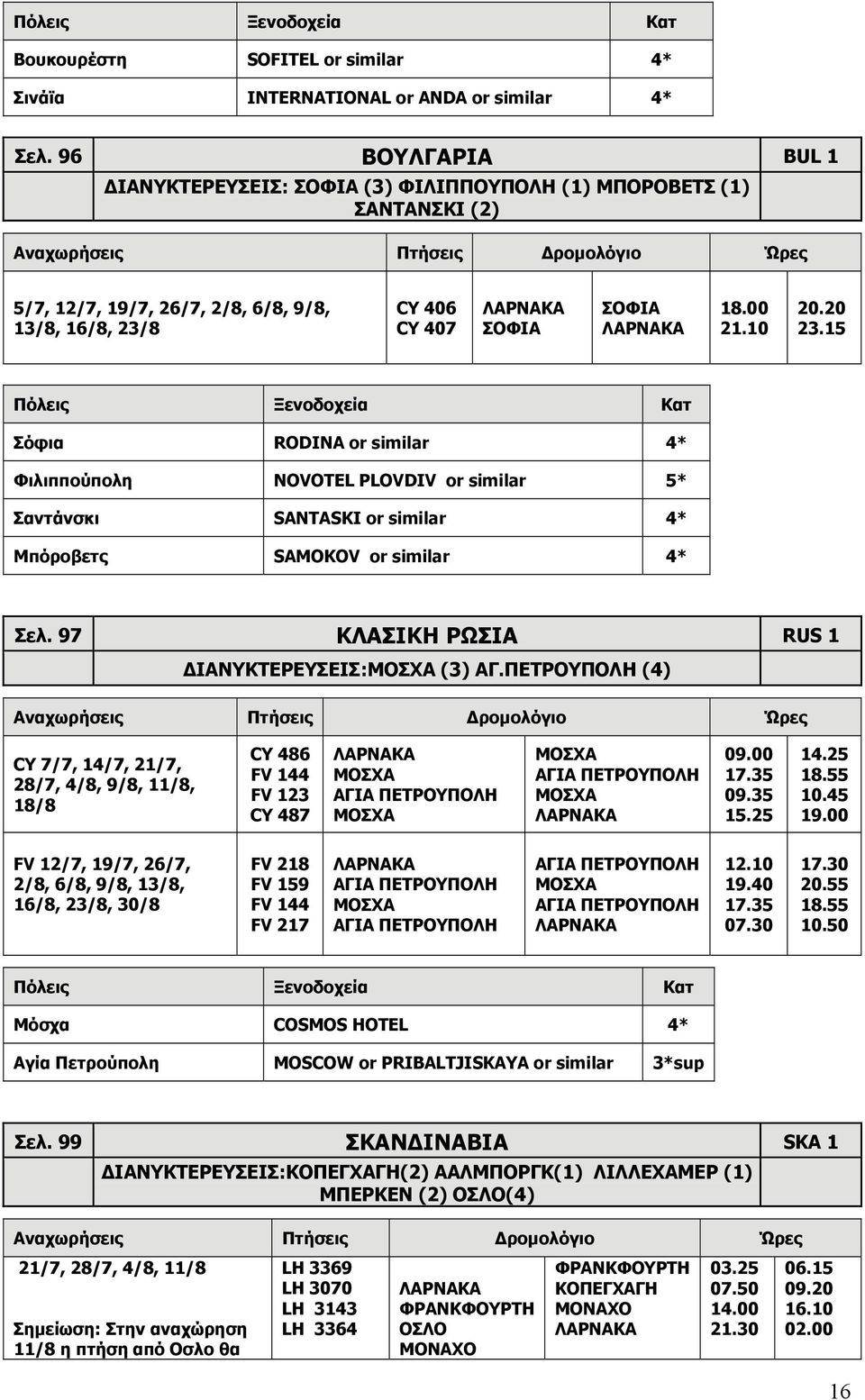 15 Σόφια RODINA or similar 4* Φιλιππούπολη NOVOTEL PLOVDIV or similar 5* Σαντάνσκι SANTASKI or similar 4* Μπόροβετς SAMOKOV or similar 4* Σελ. 97 ΚΛΑΣΙΚΗ ΡΩΣΙΑ RUS 1 ΔΙΑΝΥΚΤΕΡΕΥΣΕΙΣ:ΜΟΣΧΑ (3) ΑΓ.