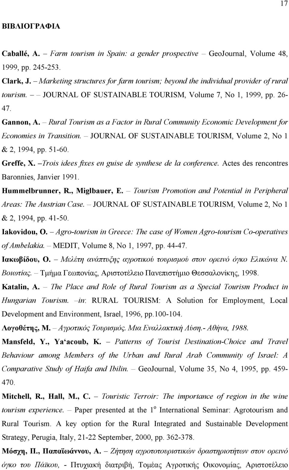 Rural Tourism as a Factor in Rural Community Economic Development for Economies in Transition. JOURNAL OF SUSTAINABLE TOURISM, Volume 2, No 1 & 2, 1994, pp. 51-60. Greffe, X.