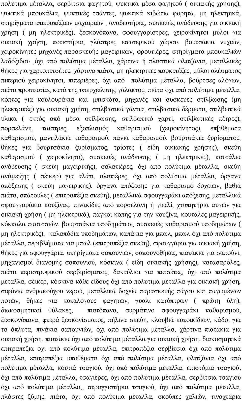 χειροκίνητες μηχανές παρασκευής μαγειρικών, φρουτιέρες, στηρίγματα μπουκαλιών λαδόξιδου,όχι από πολύτιμα μέταλλα, χάρτινα ή πλαστικά φλιτζάνια, μεταλλικές θήκες για χαρτοπετσέτες, χάρτινα πιάτα, μη