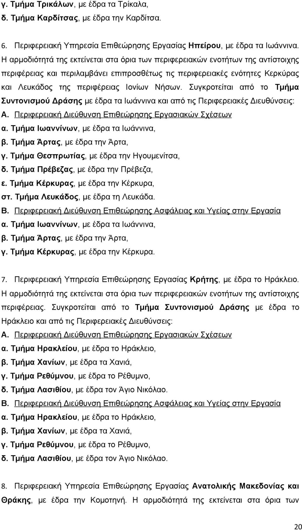 Νήσων. Συγκροτείται από το Τμήμα Συντονισμού Δράσης με έδρα τα Ιωάννινα και από τις Περιφερειακές Διευθύνσεις: A. Περιφερειακή Διεύθυνση Επιθεώρησης Εργασιακών Σχέσεων α.