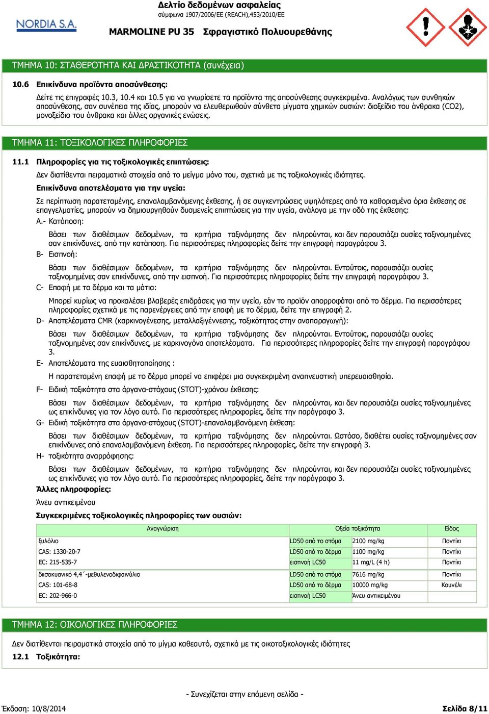 ΤΜΗΜΑ 11: ΤΟΞΙΚΟΛΟΓΙΚEΣ ΠΛΗΡΟΦΟΡIΕΣ 11.1 Πληροφορίες για τις τοξικολογικές επιπτώσεις: εν διατίθενται πειραματικά στοιχεία από το μείγμα μόνο του, σχετικά με τις τοξικολογικές ιδιότητες.