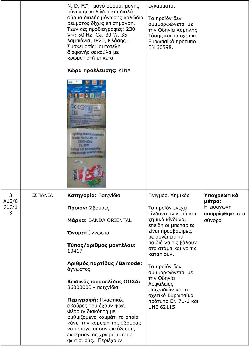 919/1 ΙΣΠΑΝΙΑ Κατηγορία: Παιχνίδια Προϊόν: Σβούρες Μάρκα: BANDA ORIENTAL Όνομα: άγνωστο 10417 Πνιγμός, Χημικός κίνδυνο πνιγμού και χημικό κίνδυνο, επειδή οι μπαταρίες είναι προσβάσιμες, με συνέπεια