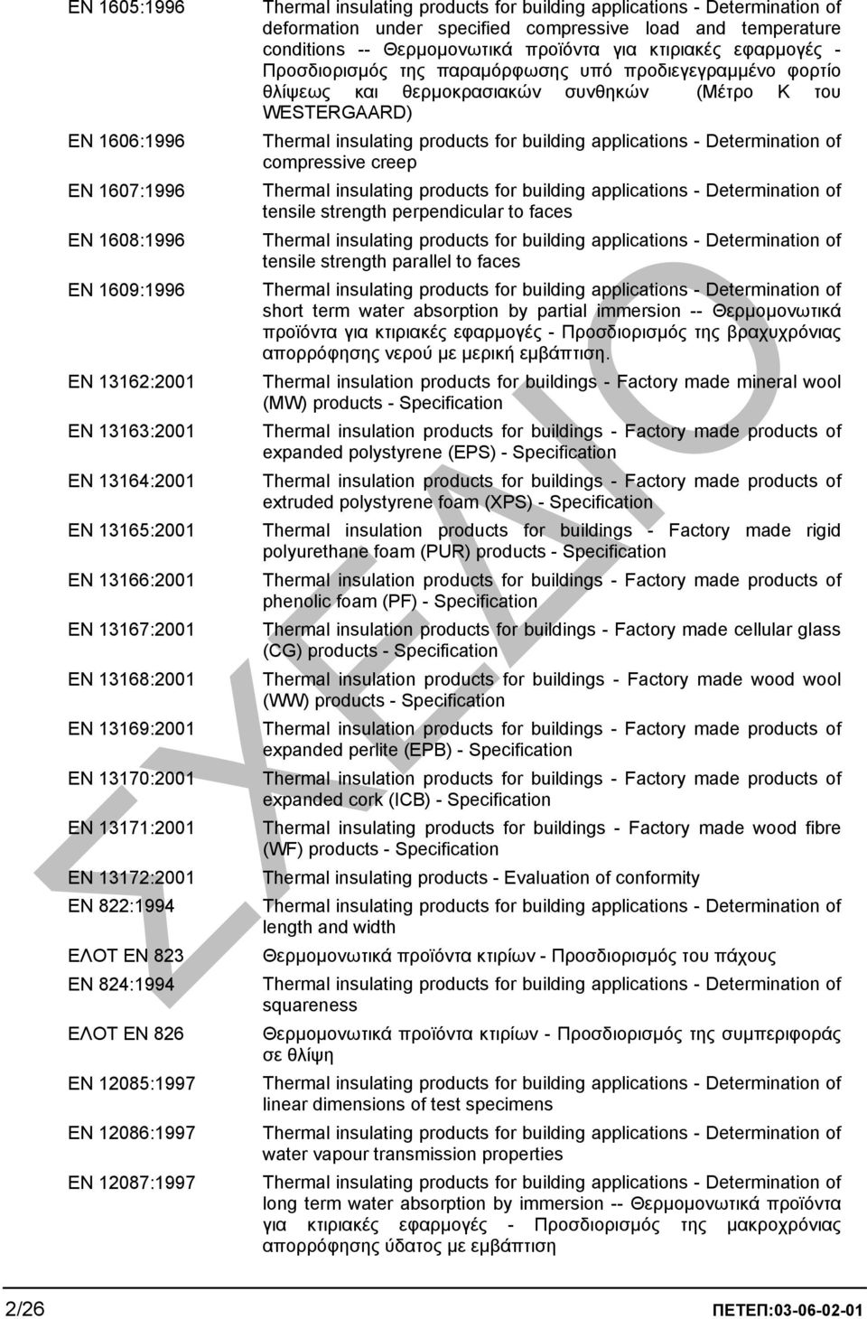 Θερµοµονωτικά προϊόντα για κτιριακές εφαρµογές - Προσδιορισµός της παραµόρφωσης υπό προδιεγεγραµµένο φορτίο θλίψεως και θερµοκρασιακών συνθηκών (Μέτρο Κ του WESTERGAARD) compressive creep tensile