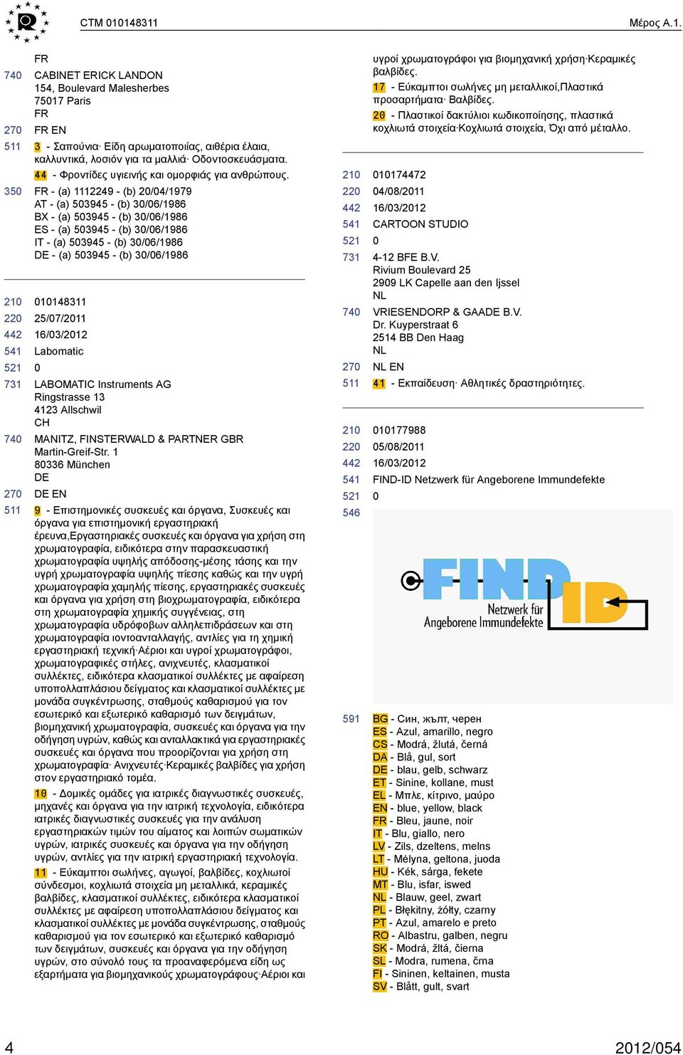 FR - (a) 2249 - (b) 2/4/1979 AT - (a) 53945 - (b) 3/6/1986 BX - (a) 53945 - (b) 3/6/1986 ES - (a) 53945 - (b) 3/6/1986 IT - (a) 53945 - (b) 3/6/1986 - (a) 53945 - (b) 3/6/1986 1148311 25/7/211