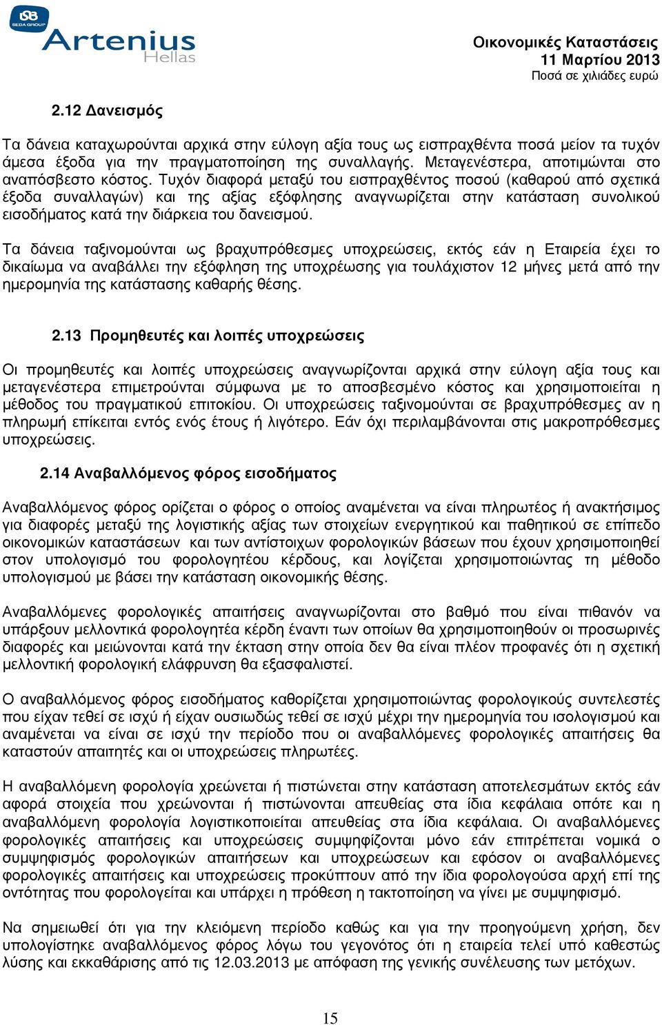 Τυχόν διαφορά µεταξύ του εισπραχθέντος ποσού (καθαρού από σχετικά έξοδα συναλλαγών) και της αξίας εξόφλησης αναγνωρίζεται στην κατάσταση συνολικού εισοδήµατος κατά την διάρκεια του δανεισµού.