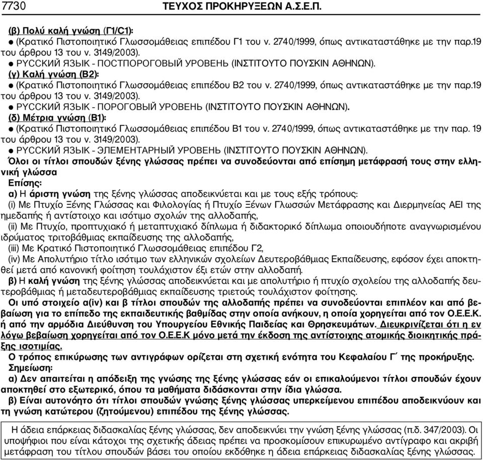 19 του άρθρου 13 του ν. 3149/2003). PYCCKИЙ ЯЗЬІК ПОРОГОВЫЙ УРОВЕНЬ (ΙΝΣΤΙΤΟΥΤΟ ΠΟΥΣΚΙΝ ΑΘΗΝΩΝ). (δ) Μέτρια γνώση (Β1): (Κρατικό Πιστοποιητικό Γλωσσομάθειας επιπέδου Β1 του ν.