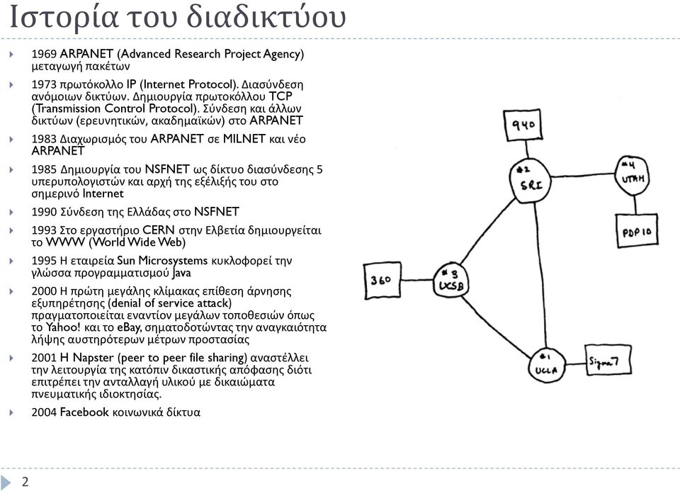 Σύνδεση και άλλων δικτύων (ερευνητικών, ακαδημαϊκών) στο ARPANET 1983 Διαχωρισμός του ARPANET σε MILNET και νέο ARPANET 1985 Δημιουργία του NSFNET ως δίκτυο διασύνδεσης 5 υπερυπολογιστών και αρχή της