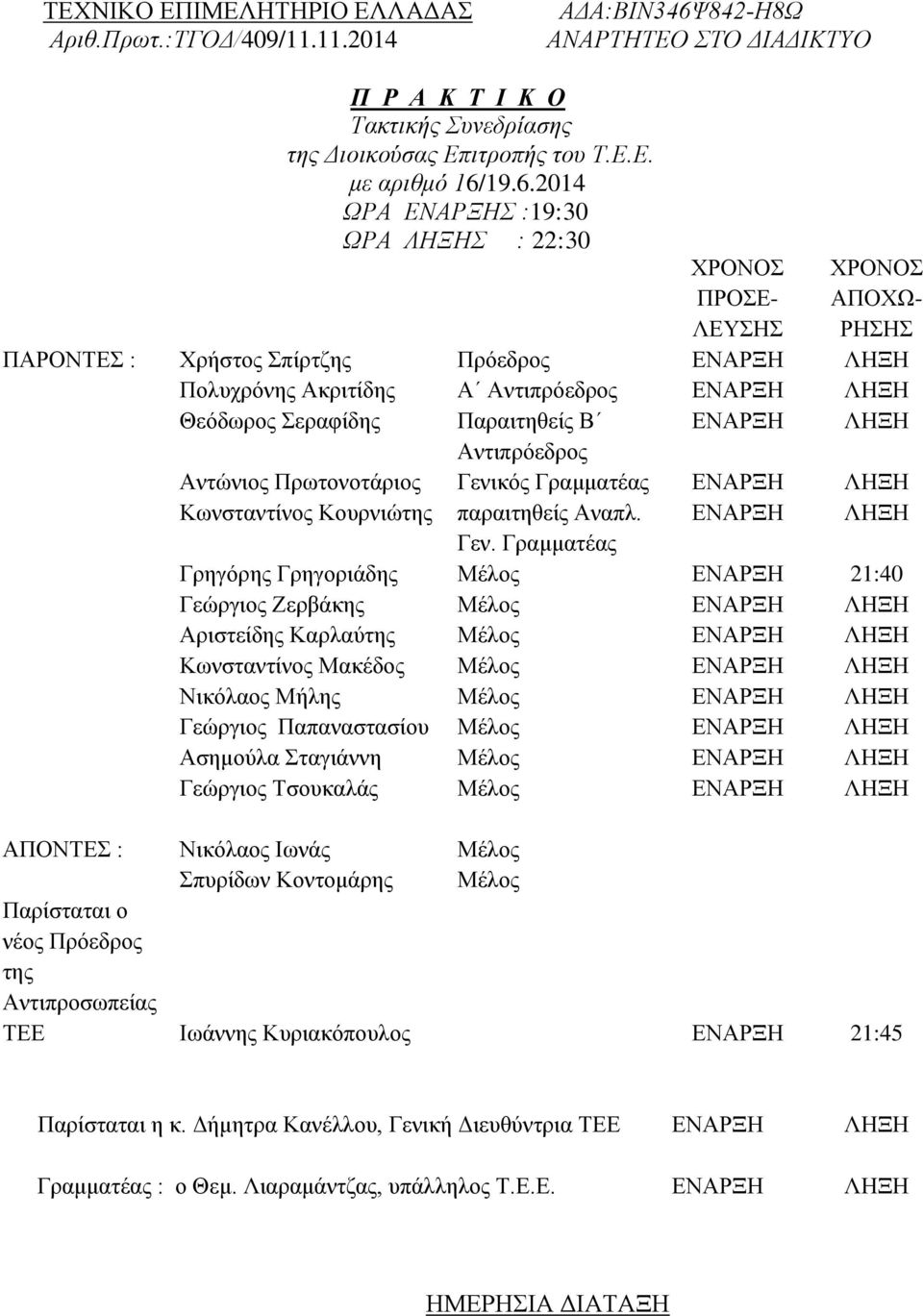 19.6.2014 ΧΡΑ ΔΝΑΡΞΗ :19:30 ΧΡΑ ΛΗΞΗ : 22:30 ΥΡΟΝΟ ΠΡΟΔ- ΛΔΤΖ ΥΡΟΝΟ ΑΠΟΥΧ- ΡΖΖ ΠΑΡΟΝΣΔ : Υξήζηνο πίξηδεο Πξφεδξνο ΔΝΑΡΞΖ ΛΖΞΖ Πνιπρξφλεο Αθξηηίδεο Α Αληηπξφεδξνο ΔΝΑΡΞΖ ΛΖΞΖ Θεφδσξνο εξαθίδεο