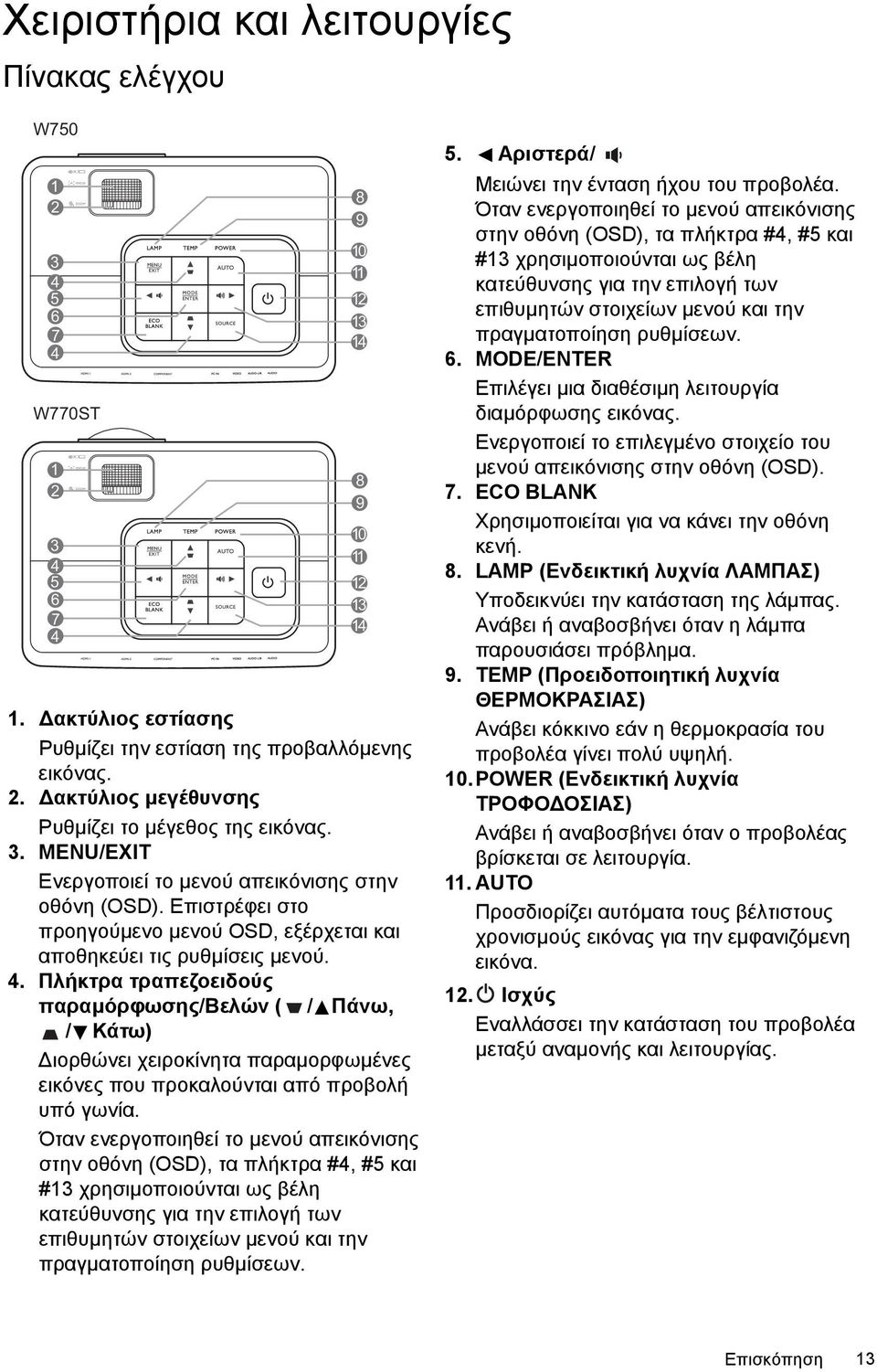 Πλήκτρα τραπεζοειδούς παραµόρφωσης/βελών ( / Πάνω, / Κάτω) ιορθώνει χειροκίνητα παραµορφωµένες εικόνες που προκαλούνται από προβολή υπό γωνία.