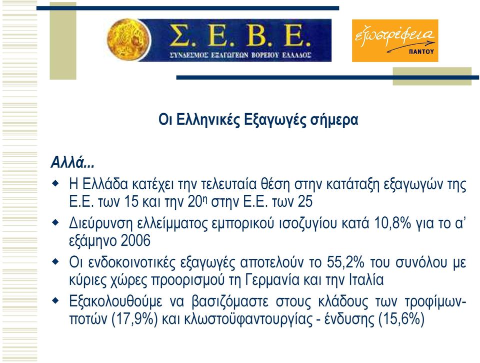 εξαγωγές αποτελούν το 55,2% του συνόλου µε κύριες χώρες προορισµού τη Γερµανία και την Ιταλία Εξακολουθούµε