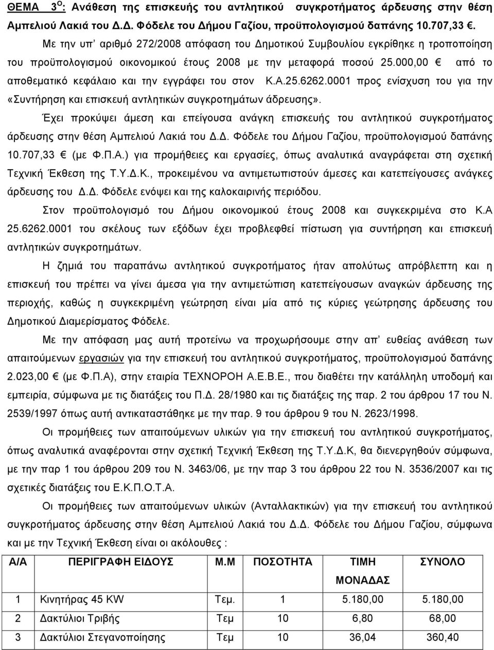 000,00 από το αποθεματικό κεφάλαιο και την εγγράφει του στον Κ.Α.25.6262.0001 προς ενίσχυση του για την «Συντήρηση και επισκευή αντλητικών συγκροτημάτων άδρευσης».