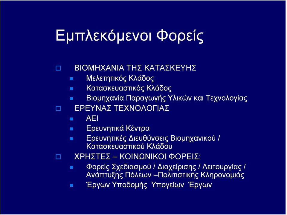 Ερευνητικές Διευθύνσεις Βιομηχανικού / Κατασκευαστικού Κλάδου ΧΡΗΣΤΕΣ ΚΟΙΝΩΝΙΚΟΙ ΦΟΡΕΙΣ: Φορείς