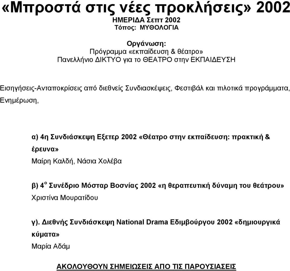 «Θέατρο στην εκπαίδευση: πρακτική & έρευνα» Μαίρη Καλδή, Νάσια Χολέβα β) 4 ο Συνέδριο Μόσταρ Βοσνίας 2002 «η θεραπευτική δύναµη του θεάτρου»