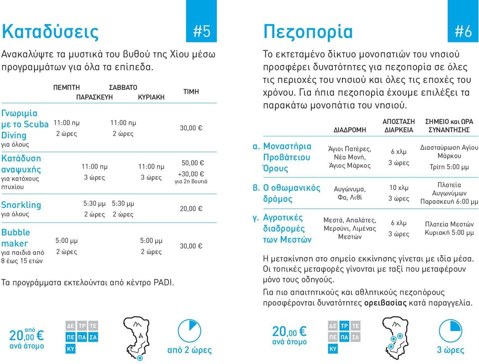 ώρες 11:00 πμ 11:00 πμ 2 ώρες 5:30 μμ 5:30 μμ 2 ώρες 2 ώρες 11:00 πμ 5:00 μμ 2 ώρες Τα προγράμματα εκτελούνται από κέντρο PADI.