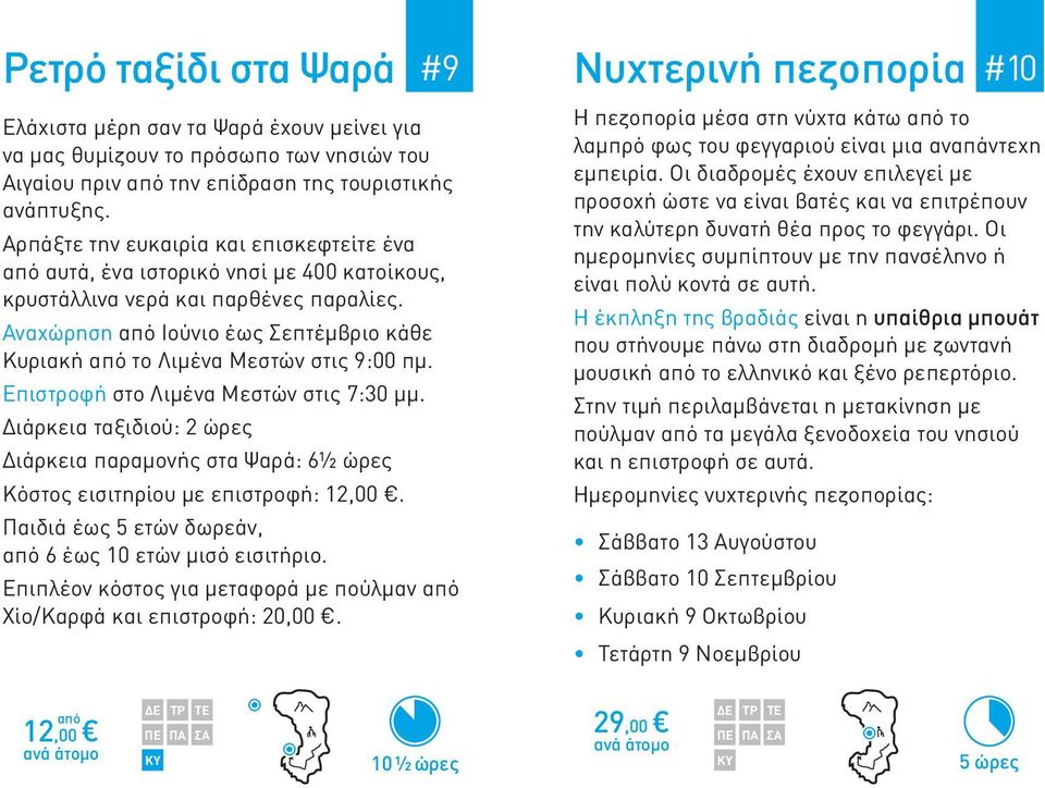 Αναχώρηση από Ιούνιο έως Σεπτέμβριο κάθε Κυριακή από το Λιμένα Μεστών στις 9:00 πμ. Επιστροφή στο Λιμένα Μεστών στις 7:30 μμ.