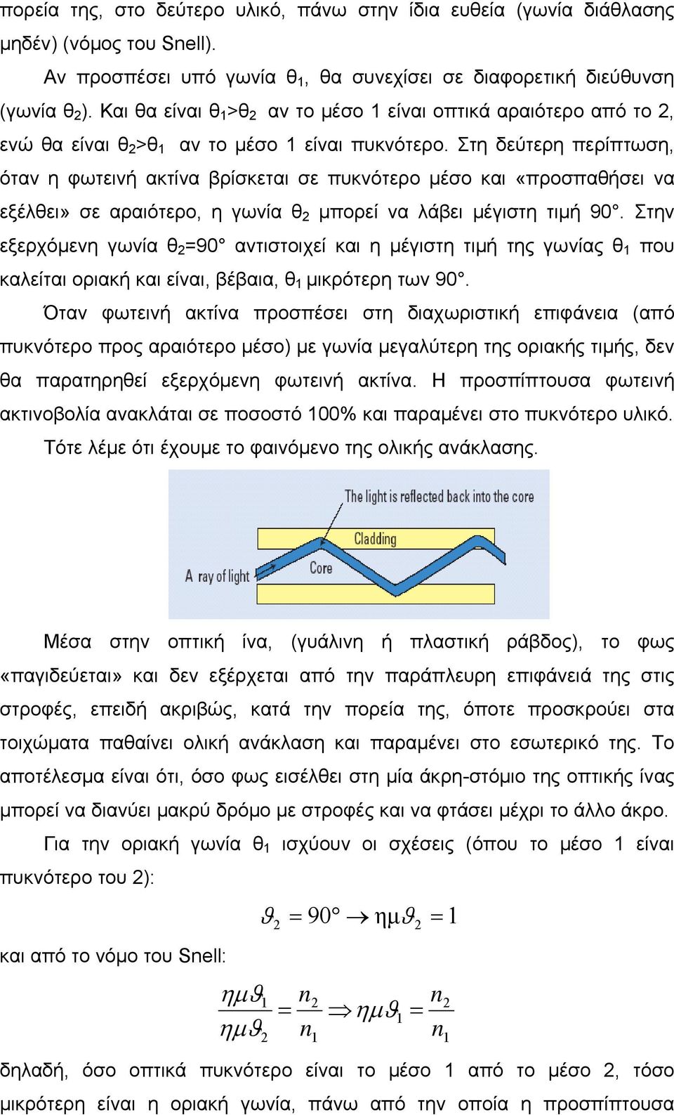 Στη δεύτερη περίπτωση, όταν η φωτεινή ακτίνα βρίσκεται σε πυκνότερο μέσο και «προσπαθήσει να εξέλθει» σε αραιότερο, η γωνία θ 2 μπορεί να λάβει μέγιστη τιμή 90.