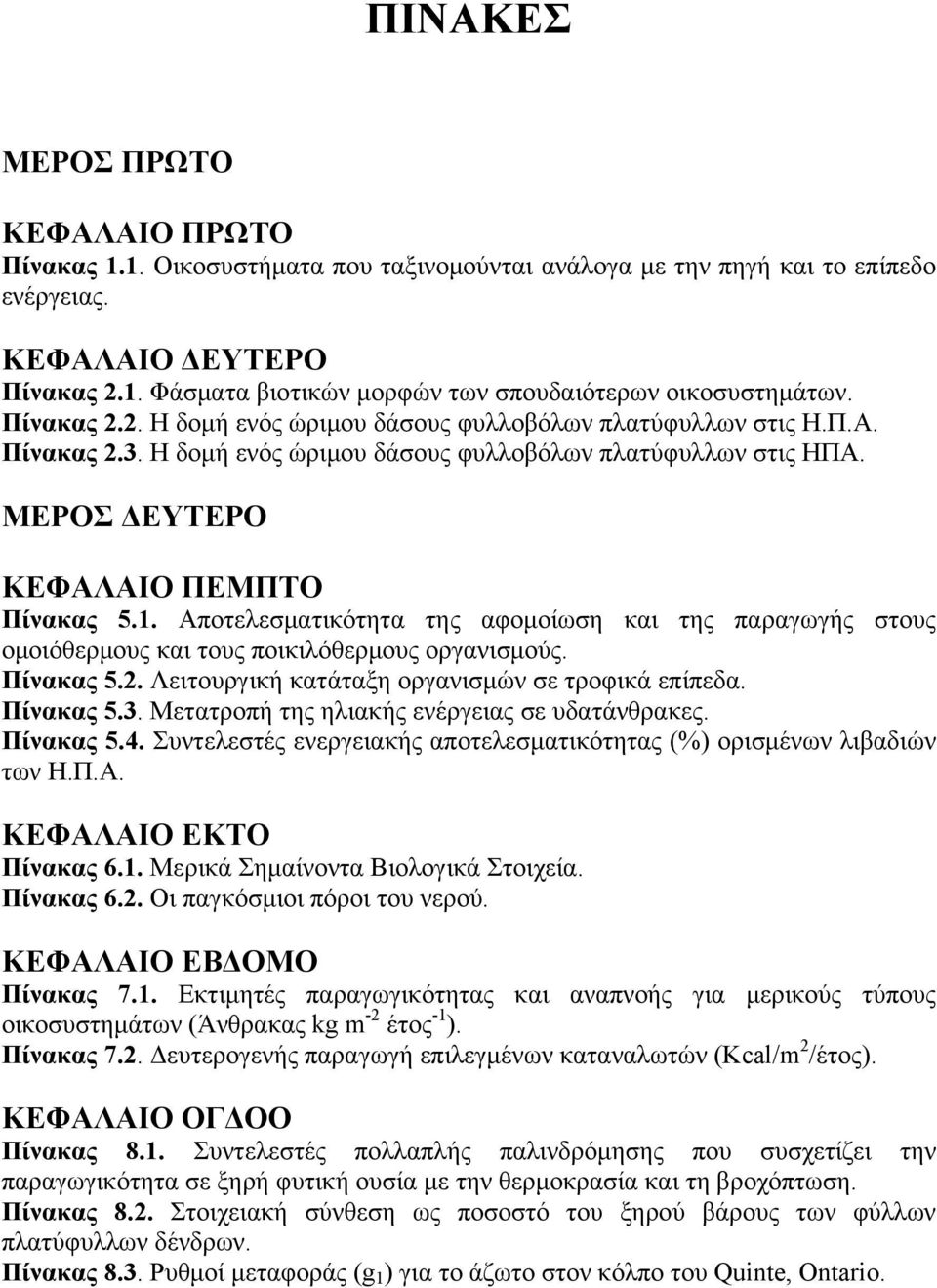 Αποτελεσματικότητα της αφομοίωση και της παραγωγής στους ομοιόθερμους και τους ποικιλόθερμους οργανισμούς. Πίνακας 5.2. Λειτουργική κατάταξη οργανισμών σε τροφικά επίπεδα. Πίνακας 5.3.