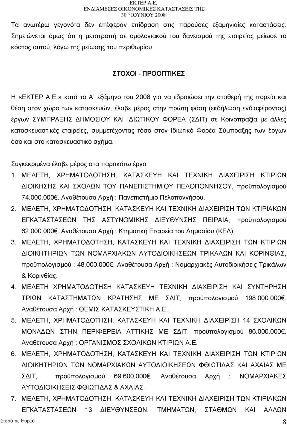 Η «ΕΚΤΕΡ Α.Ε.» κατά το Α εξάμηνο του 2008 για να εδραιώσει την σταθερή της πορεία και θέση στον χώρο των κατασκευών, έλαβε μέρος στην πρώτη φάση (εκδήλωση ενδιαφέροντος) έργων ΣΥΜΠΡΑΞΗΣ ΔΗΜΟΣΙΟΥ ΚΑΙ