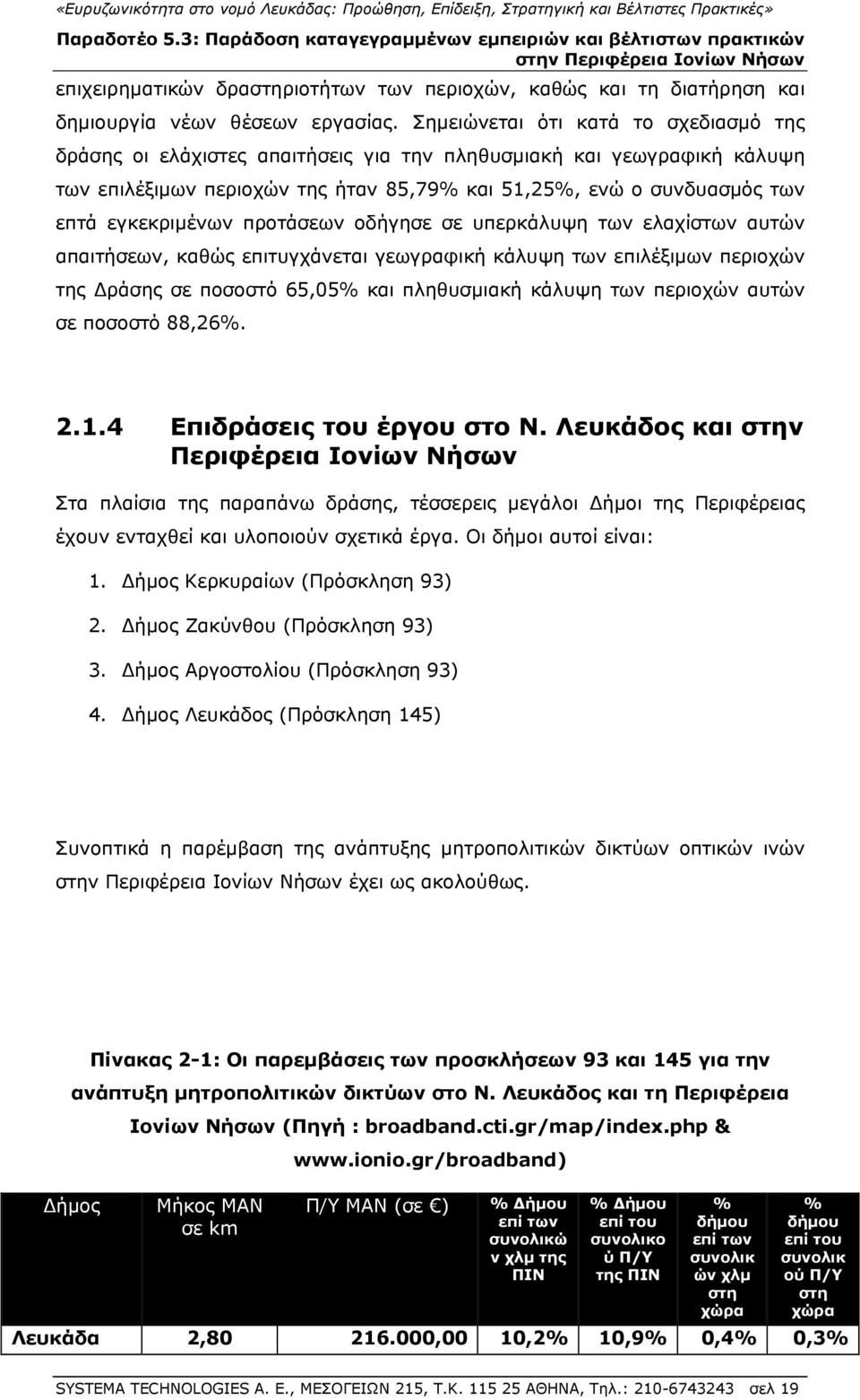 εγκεκριμένων προτάσεων οδήγησε σε υπερκάλυψη των ελαχίστων αυτών απαιτήσεων, καθώς επιτυγχάνεται γεωγραφική κάλυψη των επιλέξιμων περιοχών της Δράσης σε ποσοστό 65,05% και πληθυσμιακή κάλυψη των