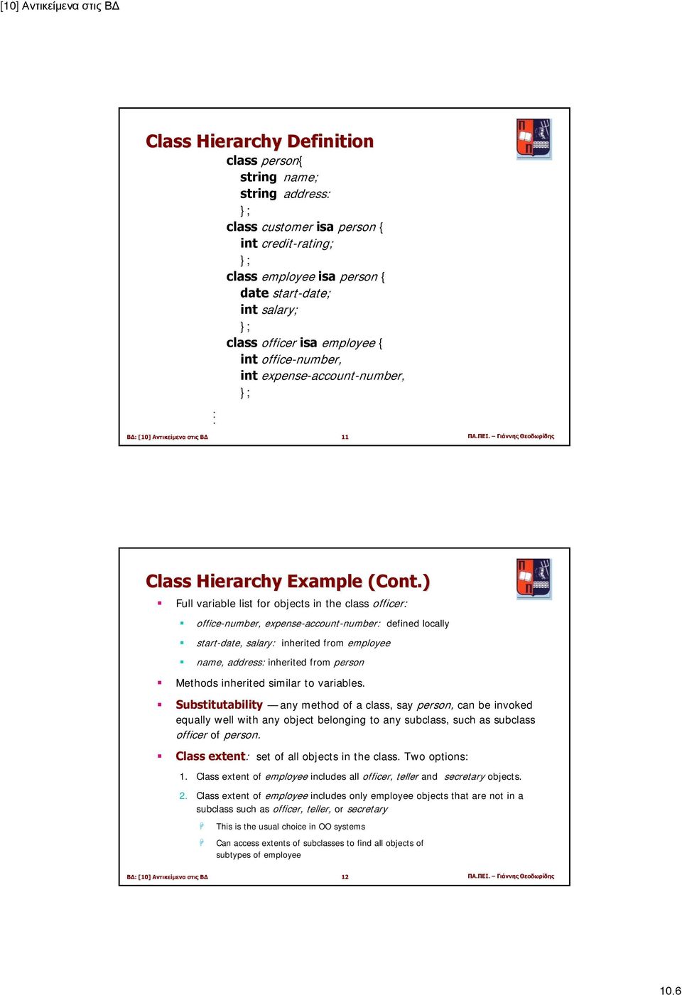 ) Full variable list for objects in the class officer: office-number, expense-account-number: defined locally start-date, salary: inherited from employee name, address: inherited from person Methods