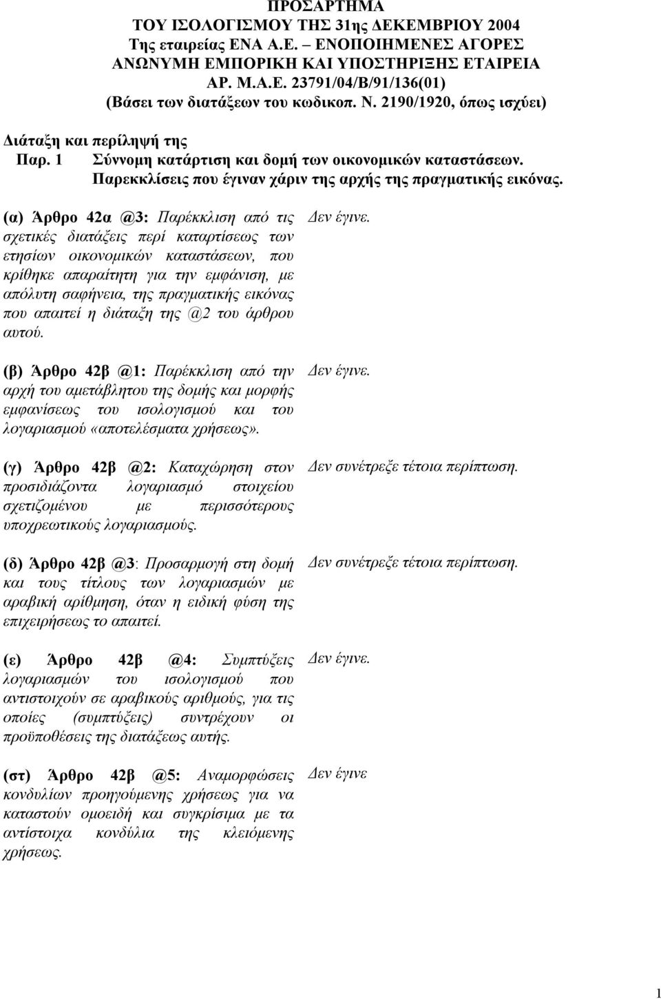 (α) Άρθρο 42α @3: Παρέκκλιση από τις σχετικές διατάξεις περί καταρτίσεως των ετησίων οικονοµικών καταστάσεων, που κρίθηκε απαραίτητη για την εµφάνιση, µε απόλυτη σαφήνεια, της πραγµατικής εικόνας που