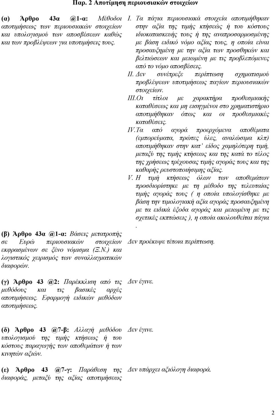 (γ) Άρθρο 43 @2: Παρέκκλιση από τις µεθόδους και τις βασικές αρχές αποτιµήσεως. Εφαρµογή ειδικών µεθόδων αποτιµήσεως. I.