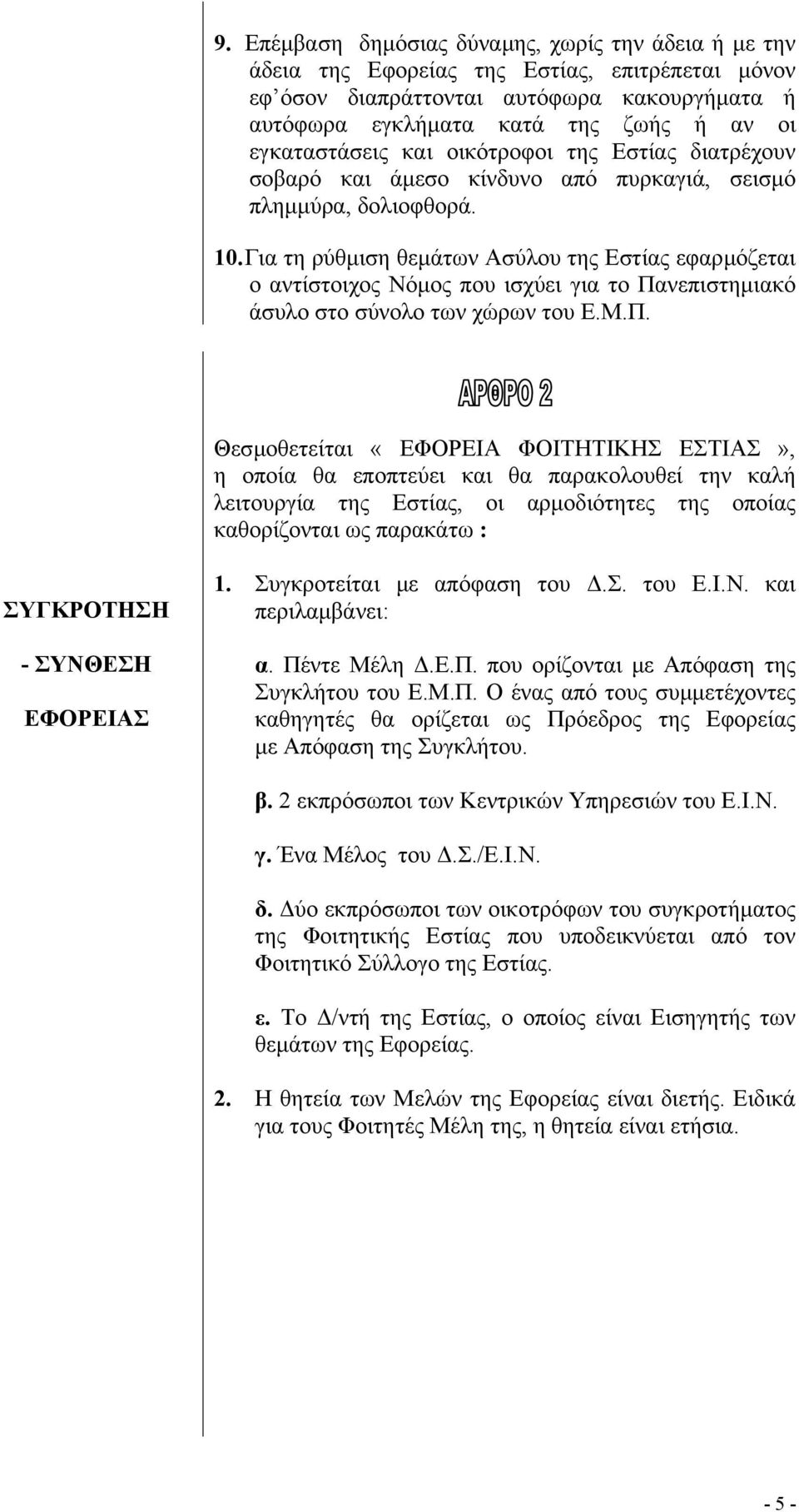 Για τη ρύθµιση θεµάτων Ασύλου της Εστίας εφαρµόζεται ο αντίστοιχος Νόµος που ισχύει για το Πα