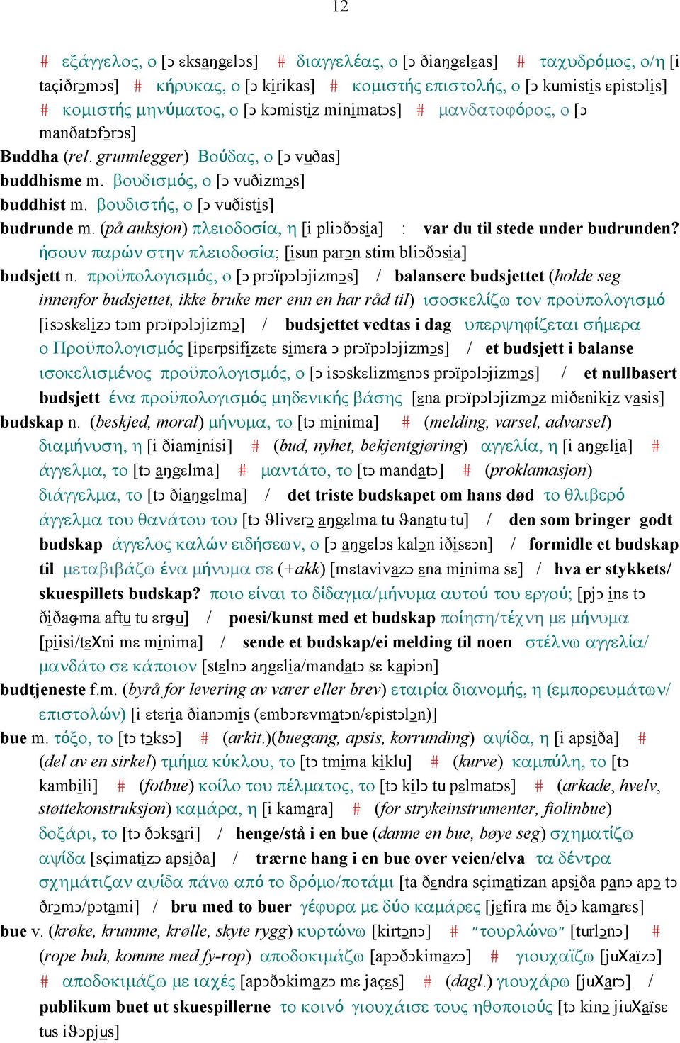 (på auksjon) πλειοδοσία, η [i pliǥðǥsia] : var du til stede under budrunden? ήσουν παρών στην πλειοδοσία; [isun parǥn stim bliǥðǥsia] budsjett n.