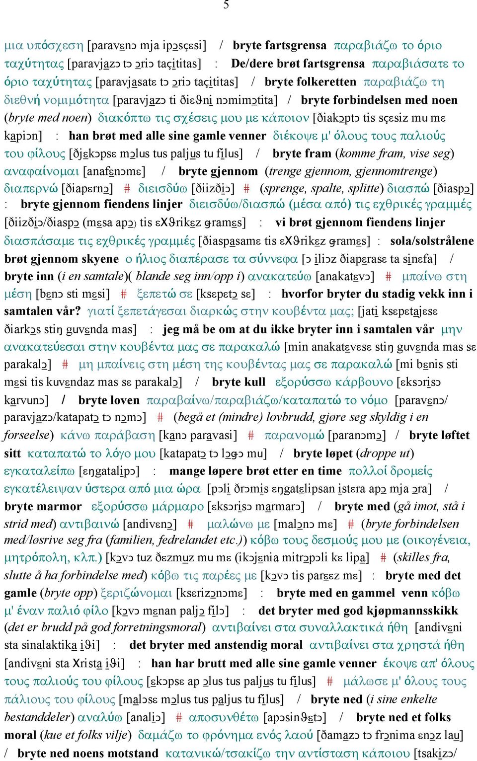 mu mε kapiǥn] : han brøt med alle sine gamle venner διέκοψε µ' όλους τους παλιούς του ϕίλους [ðjεkǥpsε mǥlus tus paljus tu filus] / bryte fram (komme fram, vise seg) αναϕαίνοµαι [anafεnǥmε] / bryte