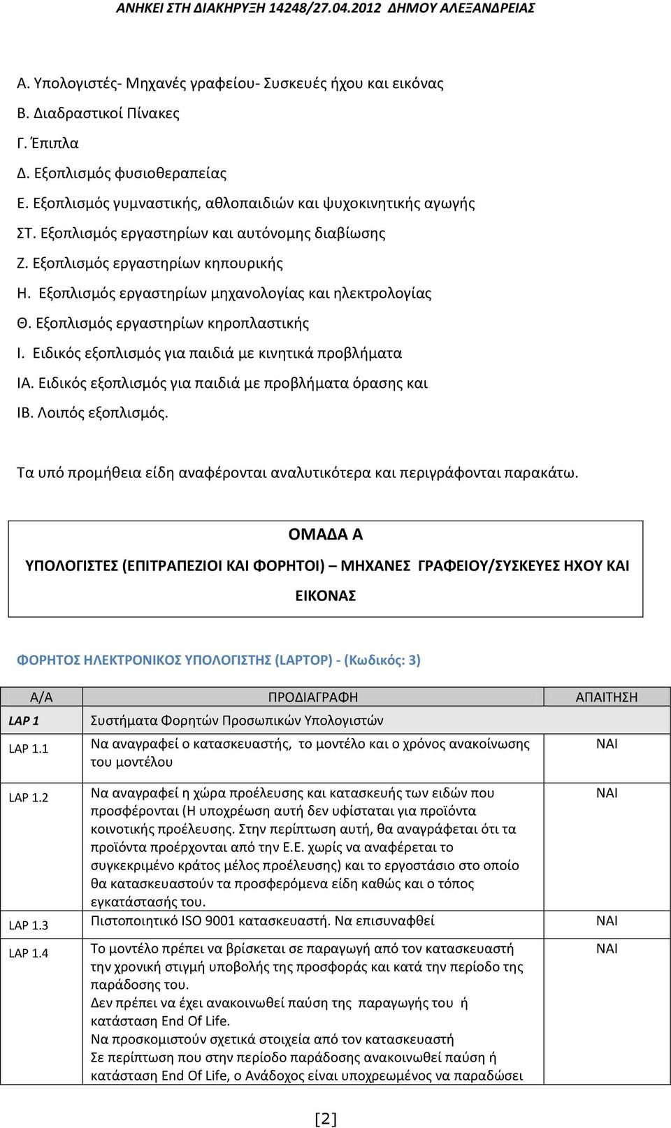 Ειδικός εξοπλισμός για παιδιά με κινητικά προβλήματα ΙΑ. Ειδικός εξοπλισμός για παιδιά με προβλήματα όρασης και ΙΒ. Λοιπός εξοπλισμός.