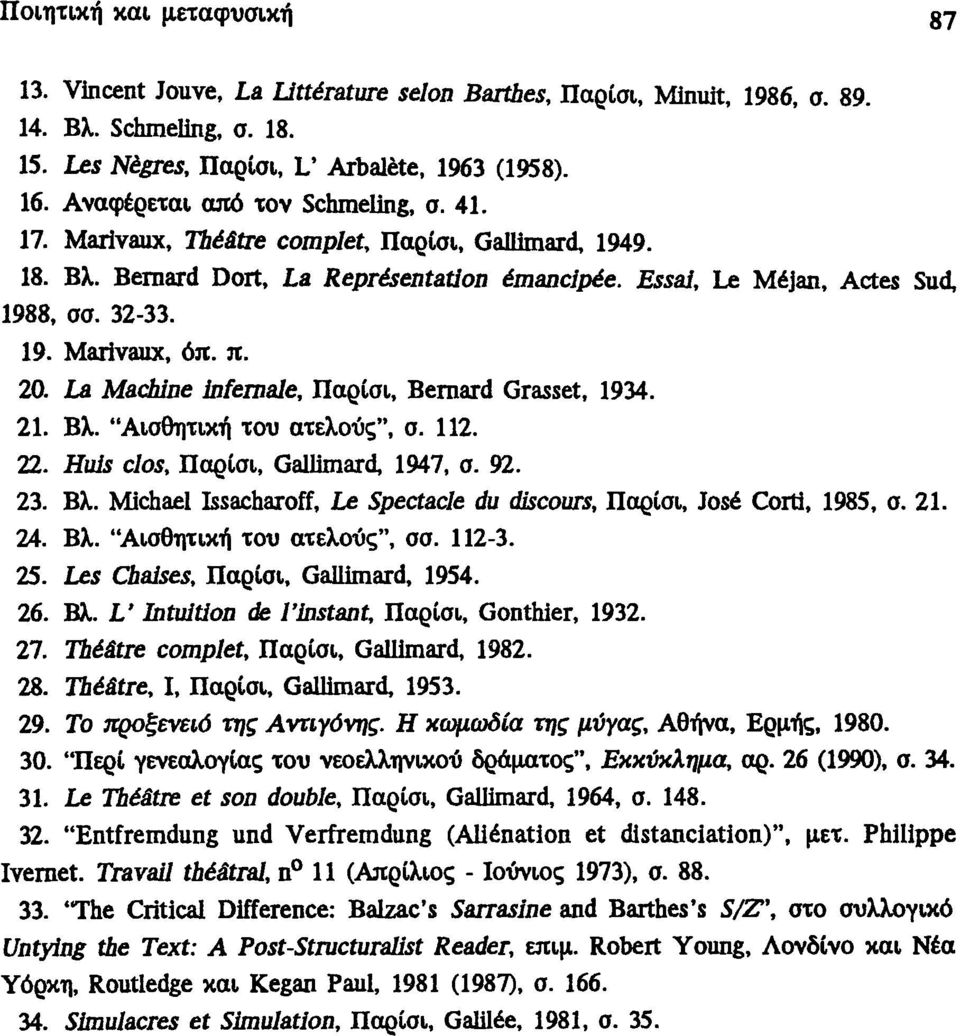 π. 20. La Machine infernale, Παρίσι, Bernard Grasset, 1934. 21. Βλ. "Αισθητική του ατελούς", σ. 112. 22. Huis clos, Παρίσι, Gallimard, 1947, σ. 92. 23. Βλ. Michael Issacharoff, Le Spectacle du dhcours, Παρίσι, José Corti, 1985, σ.