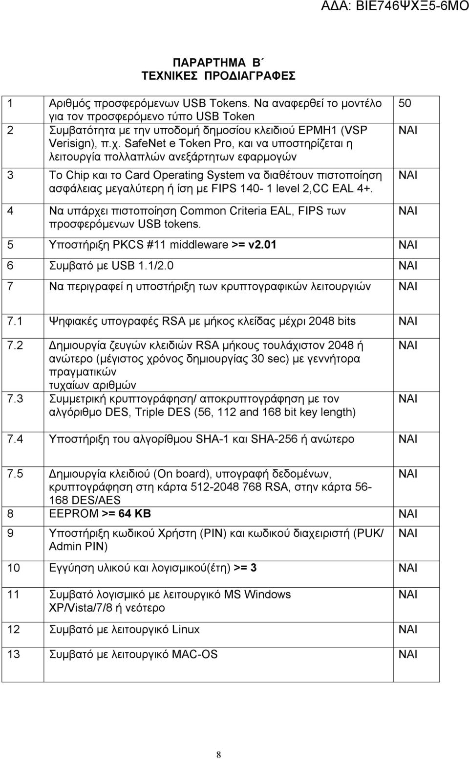SafeNet e Token Pro, και να υποστηρίζεται η λειτουργία πολλαπλών ανεξάρτητων εφαρμογών 3 Το Chip και το Card Operating System να διαθέτουν πιστοποίηση ασφάλειας μεγαλύτερη ή ίση με FIPS 140-1 level