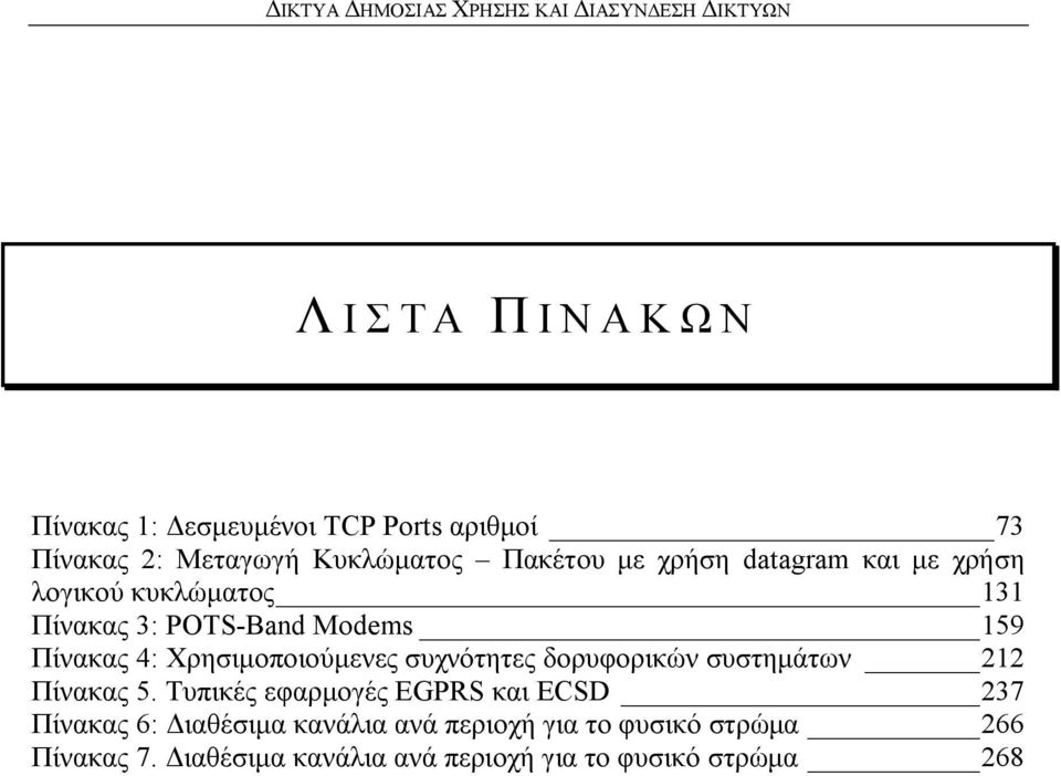 Xξεζηκνπνηνχκελεο ζπρλφηεηεο δνξπθνξηθψλ ζπζηεκάησλ 212 Πίλαθαο 5.