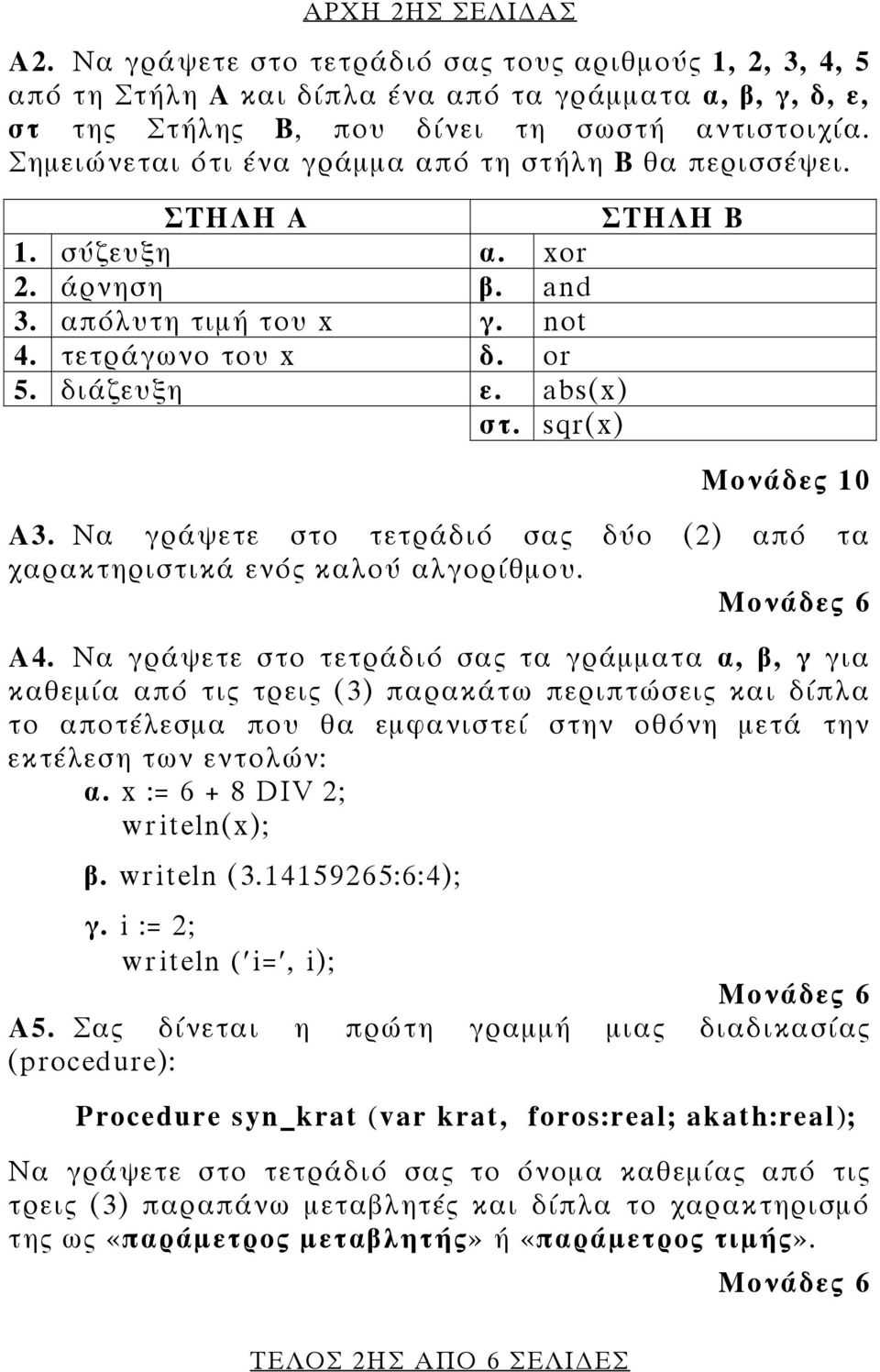 sqr(x) Μονάδες 10 A3. Να γράψετε στο τετράδιό σας δύο (2) από τα χαρακτηριστικά ενός καλού αλγορίθμου. Α4.