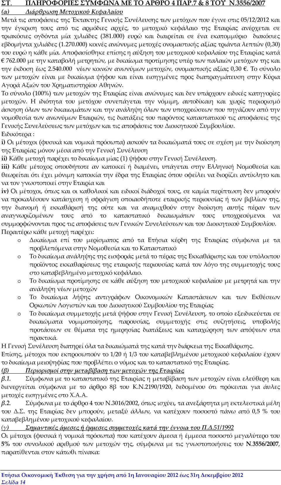 της Εταιρίας ανέρχεται σε τριακόσιες ογδόντα μία χιλιάδες (381.000) ευρώ και διαιρείται σε ένα εκατομμύριο διακόσιες εβδομήντα χιλιάδες (1.270.