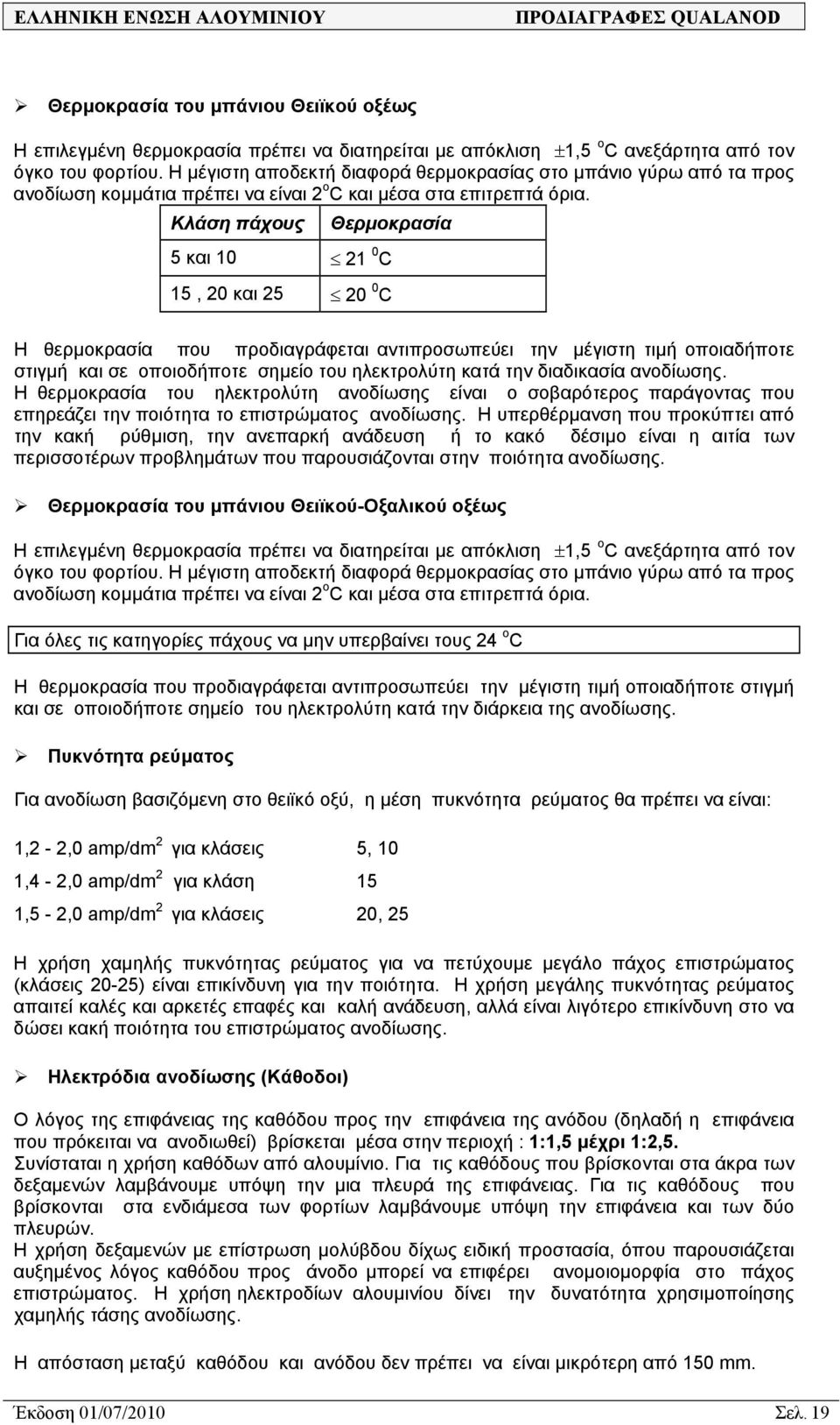 Κλάση πάχους Θερµοκρασία 5 και 10 21 0 C 15, 20 και 25 20 0 C Η θερµοκρασία που προδιαγράφεται αντιπροσωπεύει την µέγιστη τιµή οποιαδήποτε στιγµή και σε οποιοδήποτε σηµείο του ηλεκτρολύτη κατά την