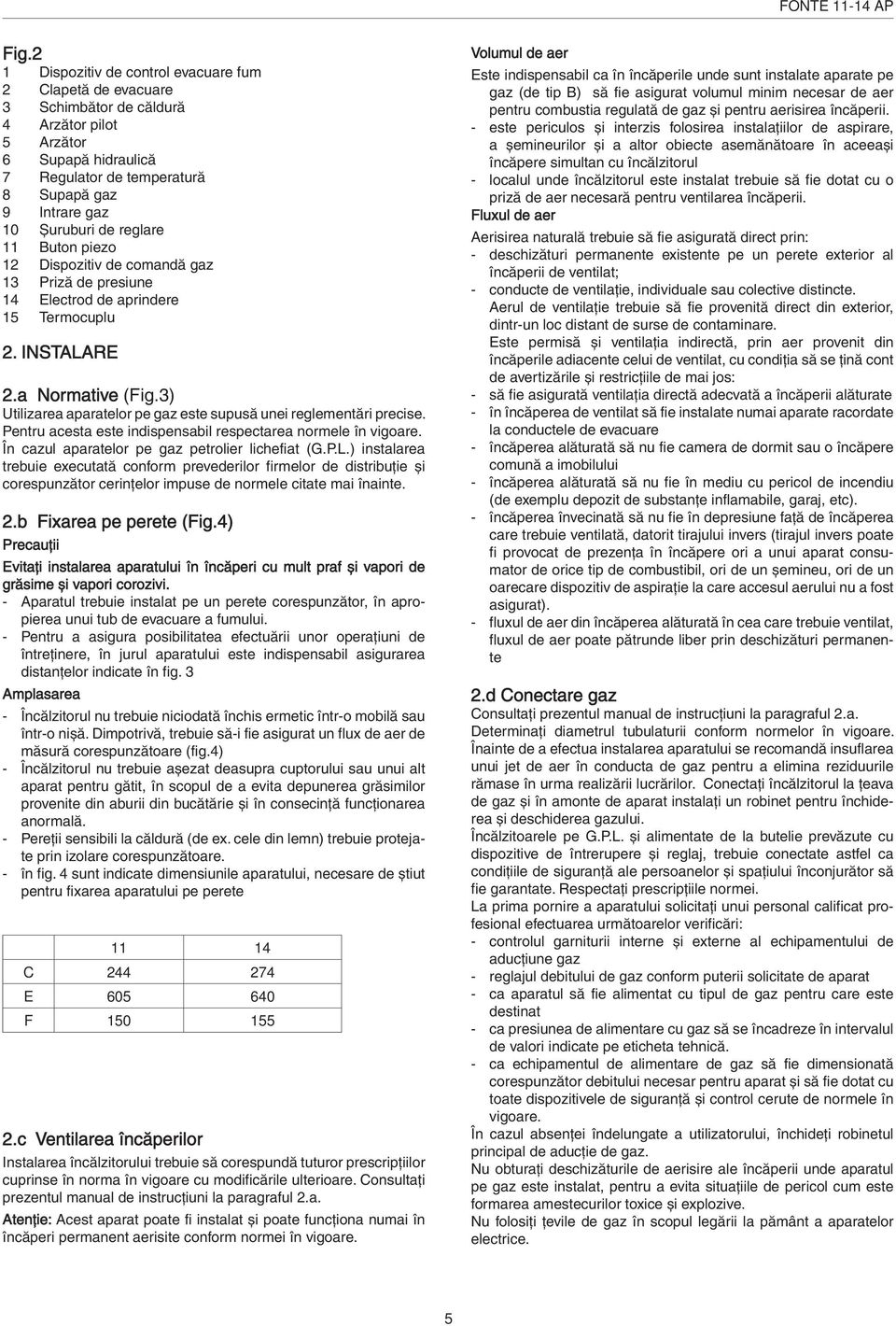 reglare 11 Buton piezo 12 Dispozitiv de comandă gaz 13 Priză de presiune 14 Electrod de aprindere 15 Termocuplu 2. INSTALARE 2.a Normative (Fig.