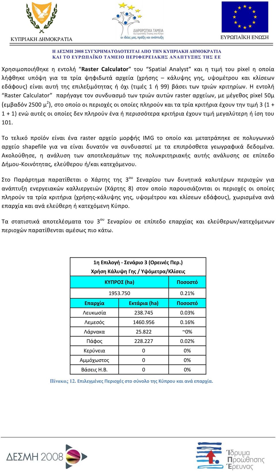 Η εντολή Raster Calculator παρήγαγε τον συνδυασμό των τριών αυτών raster αρχείων, με μέγεθος pixel 50μ (εμβαδόν 2500 μ 2 ), στο οποίο οι περιοχές οι οποίες πληρούν και τα τρία κριτήρια έχουν την τιμή