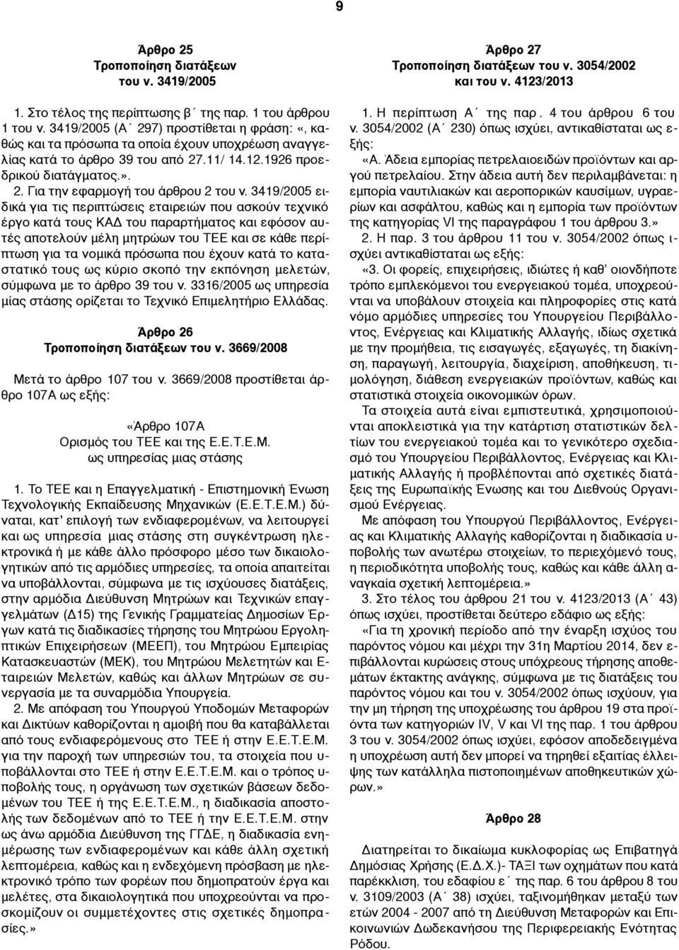 3419/2005 ειδικά για τις περιπτώσεις εταιρειών που ασκούν τεχνικό έργο κατά τους ΚΑΔ του παραρτήµατος και εφόσον αυτές αποτελούν µέλη µητρώων του ΤΕΕ και σε κάθε περίπτωση για τα νοµικά πρόσωπα που