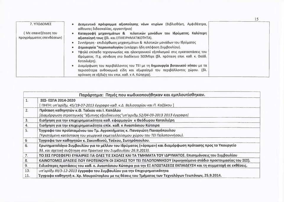 Συντήρηση - επιδιόρθωση μηχανημάτων & πιλοτικών μονάδων του Ιδρύματος Δημιουργία "περουσιολογίου (υπάρχει ήδη απόφαση Συμβουλίου).